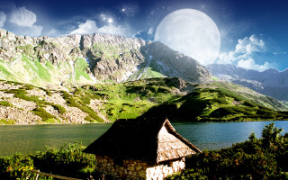 Mountain house full moon lake - a full moon in the sky above free wallpaper