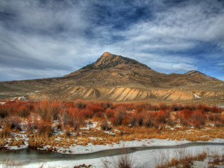 Mountain river snowy field forest - a few bush and trees free wallpaper