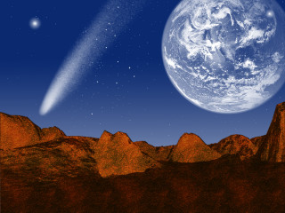 Planet shooting star sky mountains - a few star free wallpaper