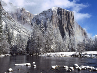 River snow rocks trees mountain - the background and a mountain in the distance free wallpaper