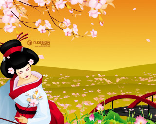 Woman kimono flower field bridge - a woman in a kimono free wallpaper