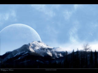 Mountain moon trees blue sky 3 - a moon in the sky above free wallpaper