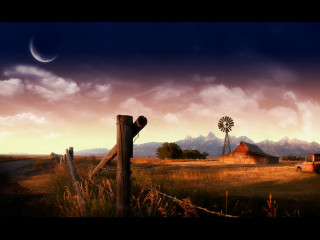 Rural barn windmill full moon 3 - a full moon in the sky above free wallpaper