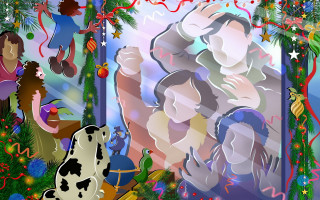 Woman cow christmas scene window - storybook illustration free wallpaper