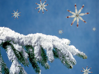 Snow covered pine branch snowflakes - folk art free wallpaper