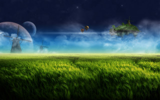 Green field windmill distance blue 2 - sci fi fantasy free wallpaper