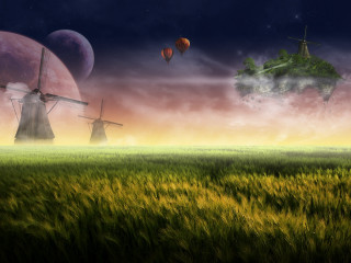 Field windmills house sky background - a painting of a field free wallpaper