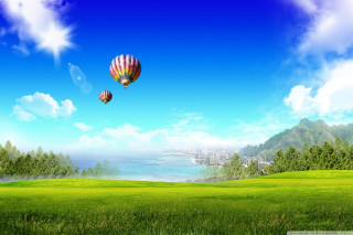 Hot air balloons green field 2 - hot air balloon free wallpaper