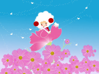 Cartoon girl flower butterfly head - her head and a butterfly free wallpaper