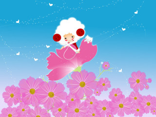 Cartoon girl flying flower field - a pink flower in the foreground free wallpaper