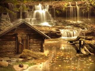 Woman sitting log waterfall cabin 3 - matte fantasy painting free wallpaper