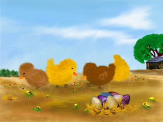Chickens egg field tree car - storybook illustration free wallpaper