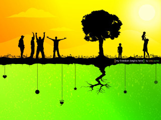 Group people hill tree sunset 2 - depth free wallpaper for desktop