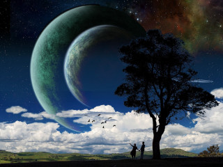 Couple tree stars planets crescent - moon free wallpaper for desktop
