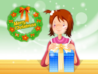 Girl holding blue giftbox merry - a wreath free wallpaper