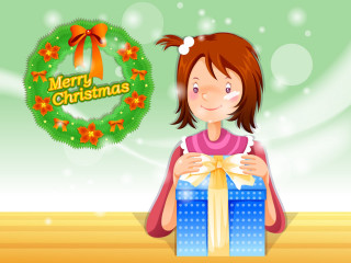 Girl holding blue giftbox merry 2 - a wreath free wallpaper