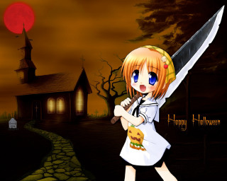 Creepy gothic anime girl knife - a house in the background free wallpaper