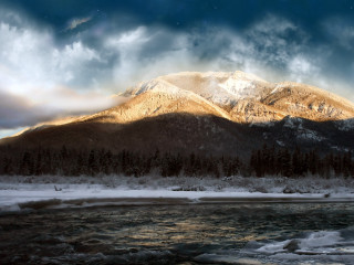 Mountain range river cloudy sky 2 - matte painting free wallpaper