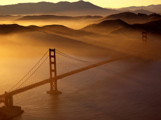 Bridge water fog mountains background - free sunset wallpaper for desktop