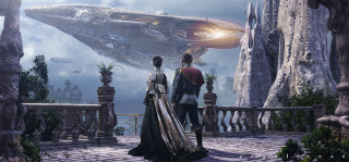 Man woman balcony futuristic ship - cedric peyravernay free wallpaper