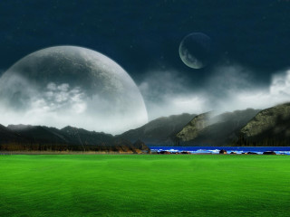 Green field mountains water moon - a moon in the sky free wallpaper