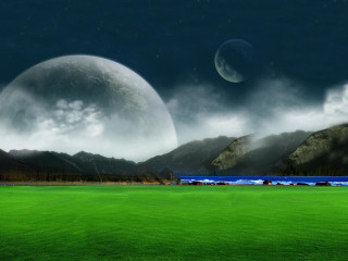 Green field mountains water moon 4 - a moon in the sky free wallpaper for desktop