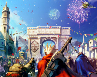 City clocktower fireworks horse cart - a painting of a city free wallpaper for desktop