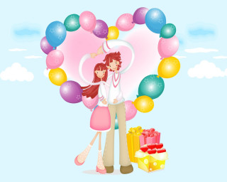 Couple balloons gifts blue background - a couple standing next free wallpaper