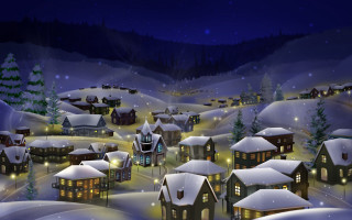 Snowy village night lights houses - evgeny lushpin free wallpaper