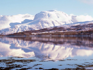 Mountain reflection still lake vegetation - a few snow covered mountains free wallpaper