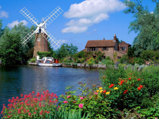 Windmill river flowers boat water - anne said free wallpaper