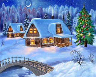 Snowy cabin christmas tree bridge 2 - a full moon in the sky free wallpaper for desktop