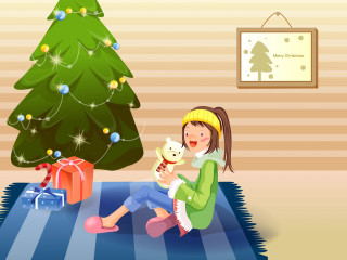 Girl cat christmas tree gift 2 - a gift box free wallpaper