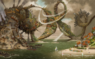 Giant octopus attacking city beach - the water and a boat free wallpaper