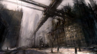 City street people walking bridge - a painting of a city street free wallpaper