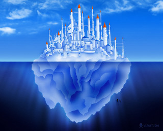 Iceberg city ocean bird floating - sense of depth free wallpaper for desktop