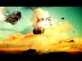 Woman flying kite bird air - her hand and a bird free wallpaper