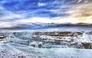 Waterfall frozen river cloudy sky 2 - waterfall free wallpaper