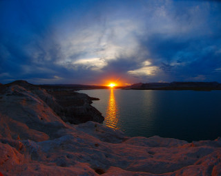 Sunset water mountain clouds sky 3 - wide angle len free wallpaper