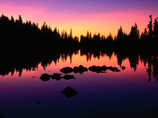 Lake rocks trees sunset purple - rock and trees free wallpaper