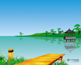 Wooden dock lake green field 2 - a wooden dock free wallpaper for desktop