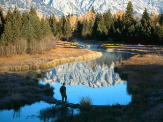 Man standing log river fishing 4 - kodachrome free wallpaper