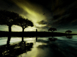 Dark landscape trees water night 2 - over the water free wallpaper