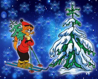 Cartoon cat skiing christmas tree 3 - a snow free wallpaper for desktop