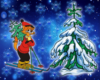 Cartoon cat skiing christmas tree 2 - a cartoon cat free wallpaper