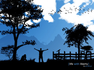 Person tree birds flying fence - liminal space free wallpaper