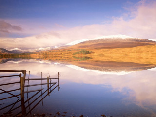 Lake mountains sunset clouds fence - a few snow free wallpaper for desktop