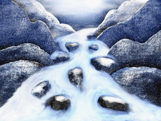 Stream rocks snow sky sunset - a sun in the distance free wallpaper