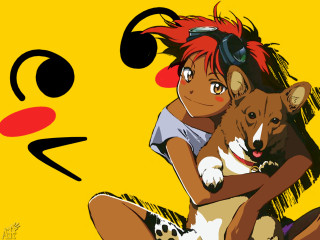 Woman dog yellow background anime - dog free wallpaper for desktop