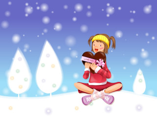 Girl sitting heart box snow 2 - naive free wallpaper